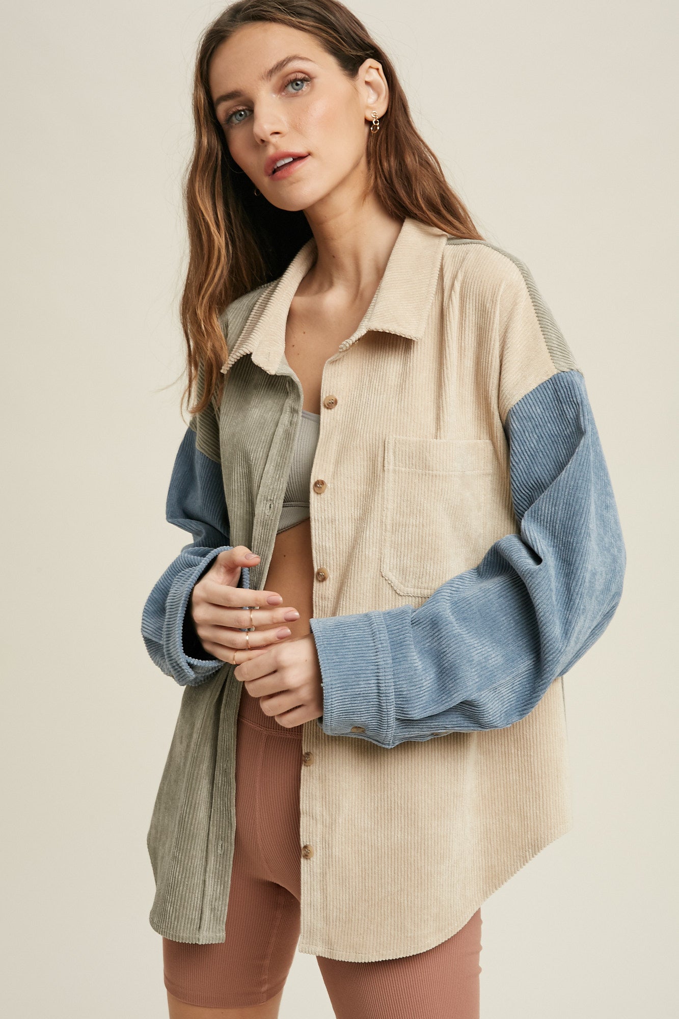 Colorblock Button Down Corduroy Shacket