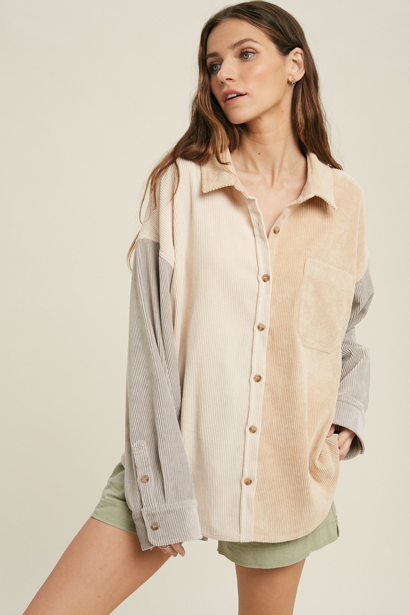Colorblock Button Down Corduroy Shacket