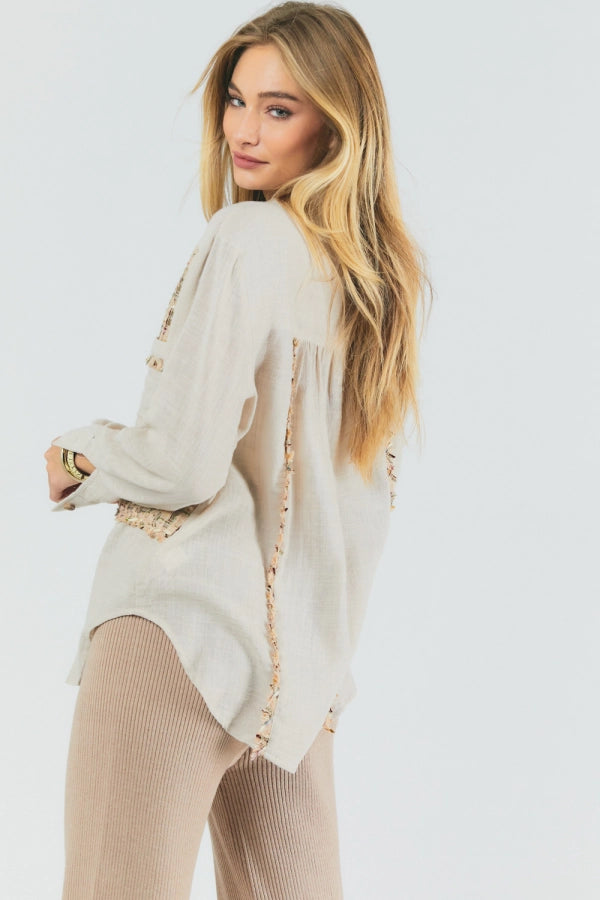 Patch Textured Button Down Top