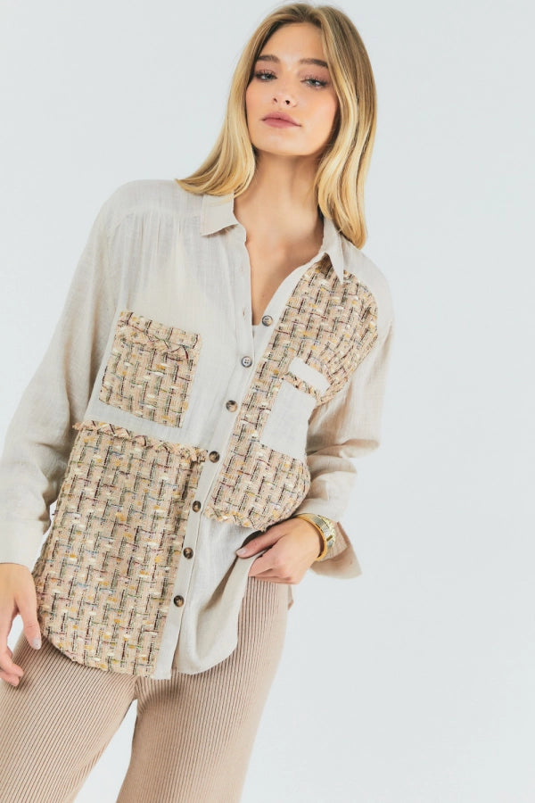 Patch Textured Button Down Top