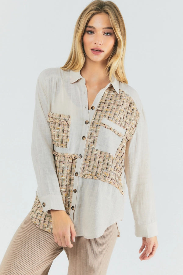 Patch Textured Button Down Top